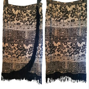 JOSEPH RIBKOFF vintage black white gray floral tribal fringed wrap midi skirt 12
